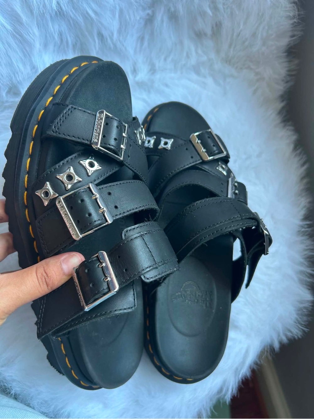 Dr. Martens Black Triple-Buckle Platform Sandals with Yellow Stitching
